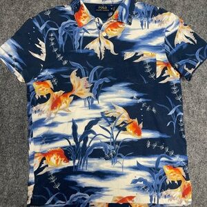 Polo by Ralph Lauren Men's Blue and Orange Fish Print Shirt 90s vintage